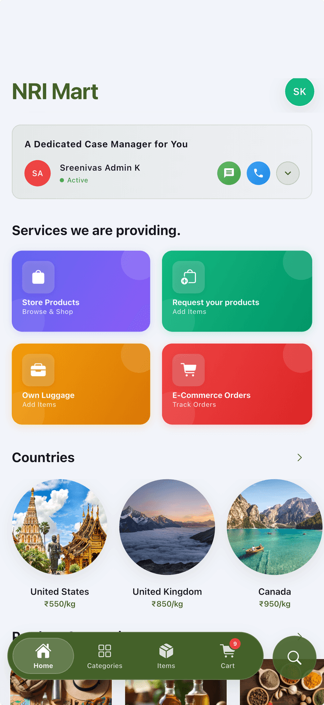 NRI Mart App Interface